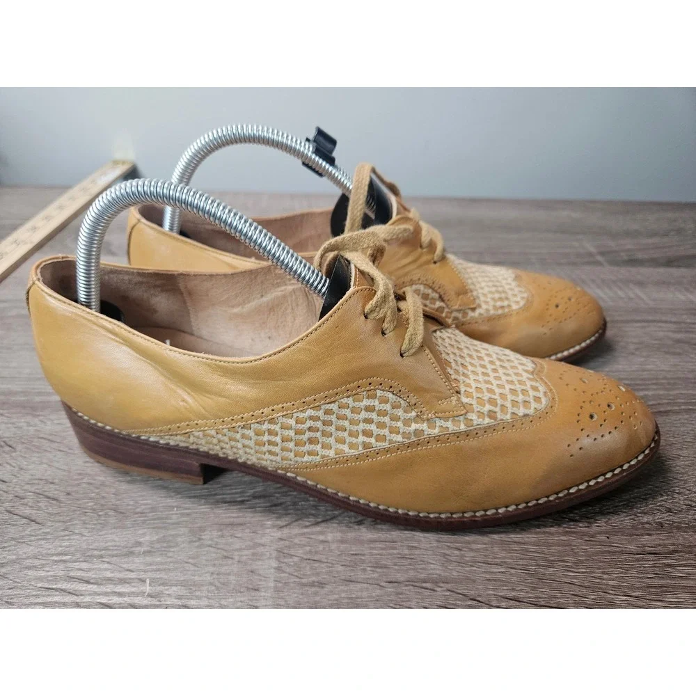 Vintage Famolare Piper Tan Leather Woven Wingtip Oxfords Mens 10.5 M Brazil